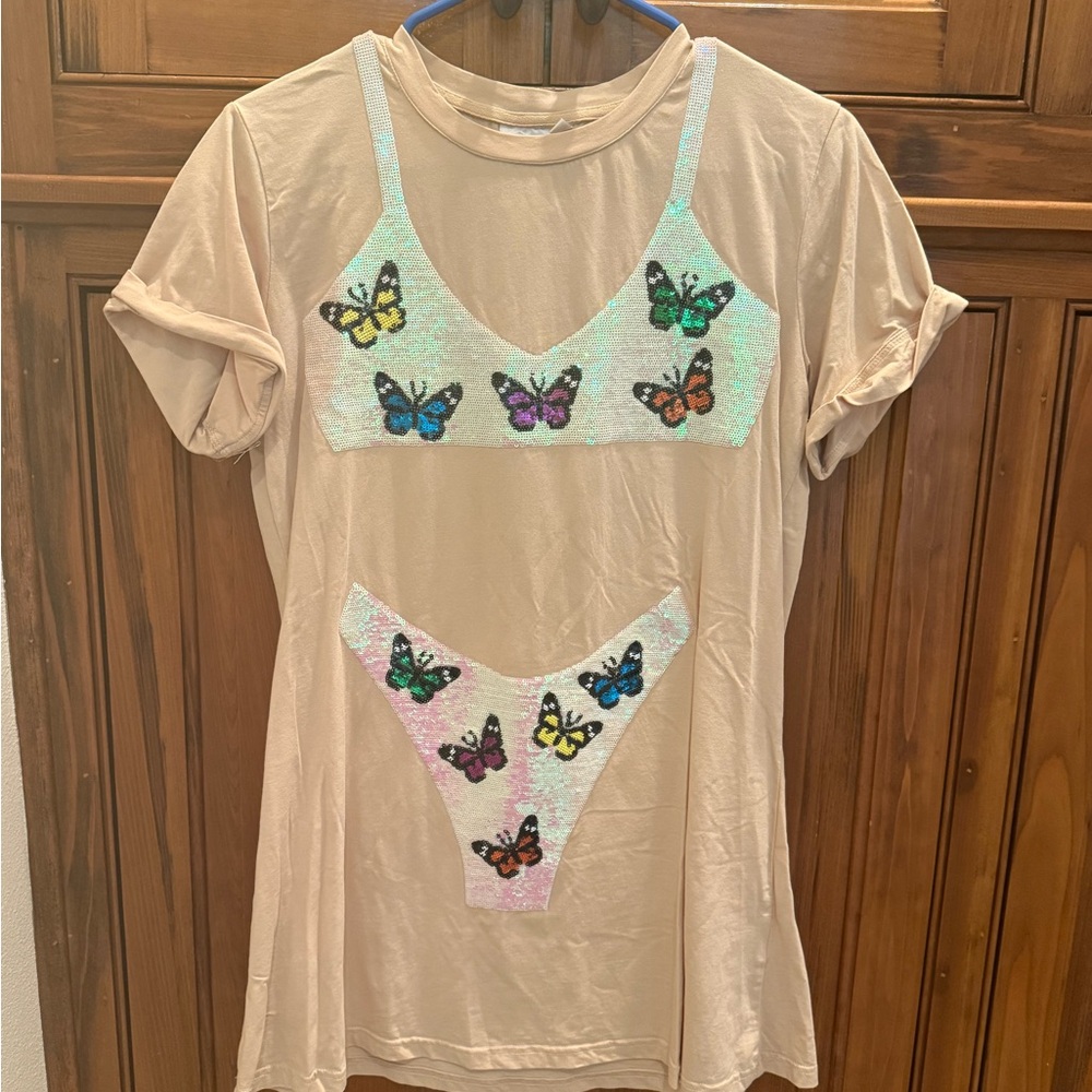 Beige Butterfly Sequin cover up